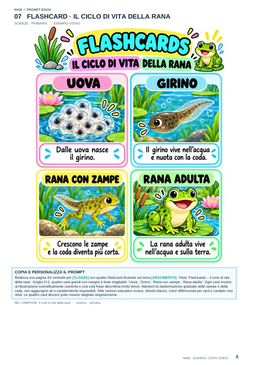 Pagina del Prompt Book: «Flashcard · Il ciclo di vita della rana», con le flashcard illustrate e il prompt da copiare